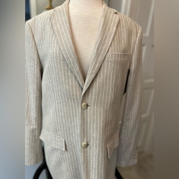 NWOT Beige White Perry Ellis Pin Stripe Linen Cotton Stud Boss Blazer 42R - Picture 5 of 15